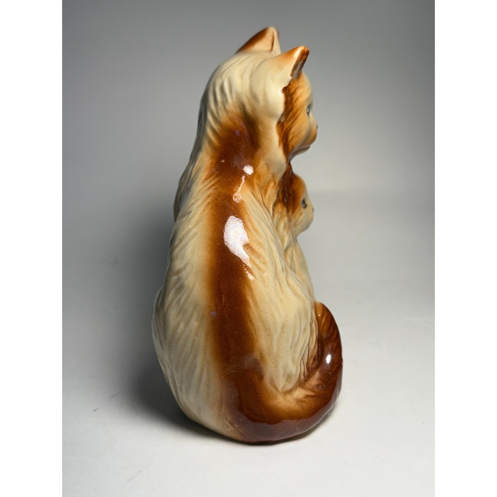 GF Brazil Ceramic Cat Figurine Mother & Kitten Brown Cream Glaze 6" Vintage - Picture 2 of 8